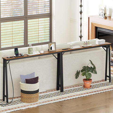 YATINEY Console Table, Set of 2, Slim Behind Sofa Table with Charging Station, Skinny Entryway Table，Metal Frame, for Living Room, Entryway, Hallway