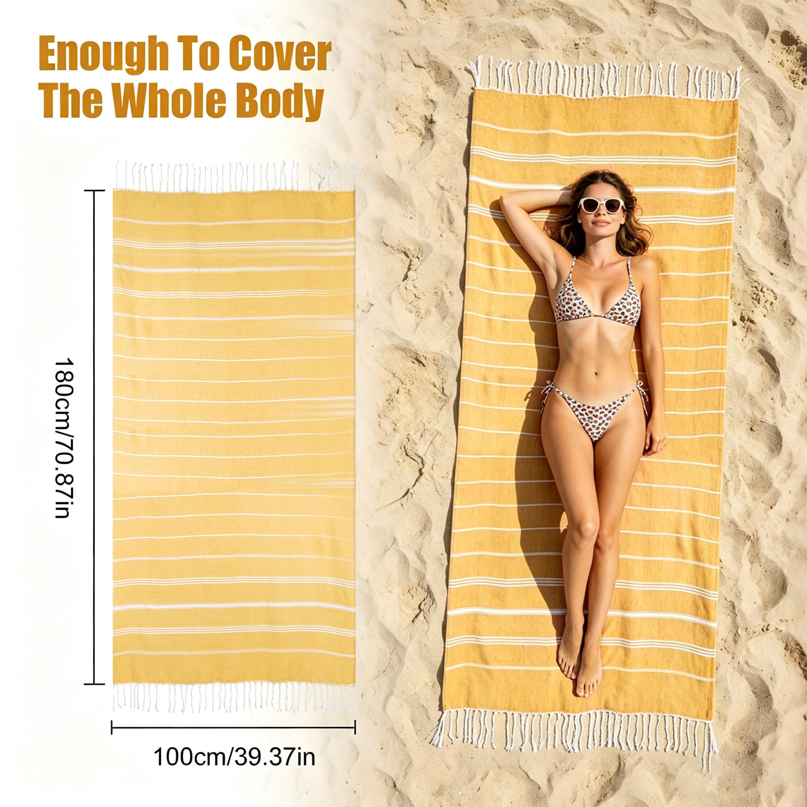 Beach Towels Quick Dry, Extra Large Sunbed Towel Sand Free, Yellow Pool Towels for Dock Bay Swimming Pool Travel Holiday 180 x 100cm