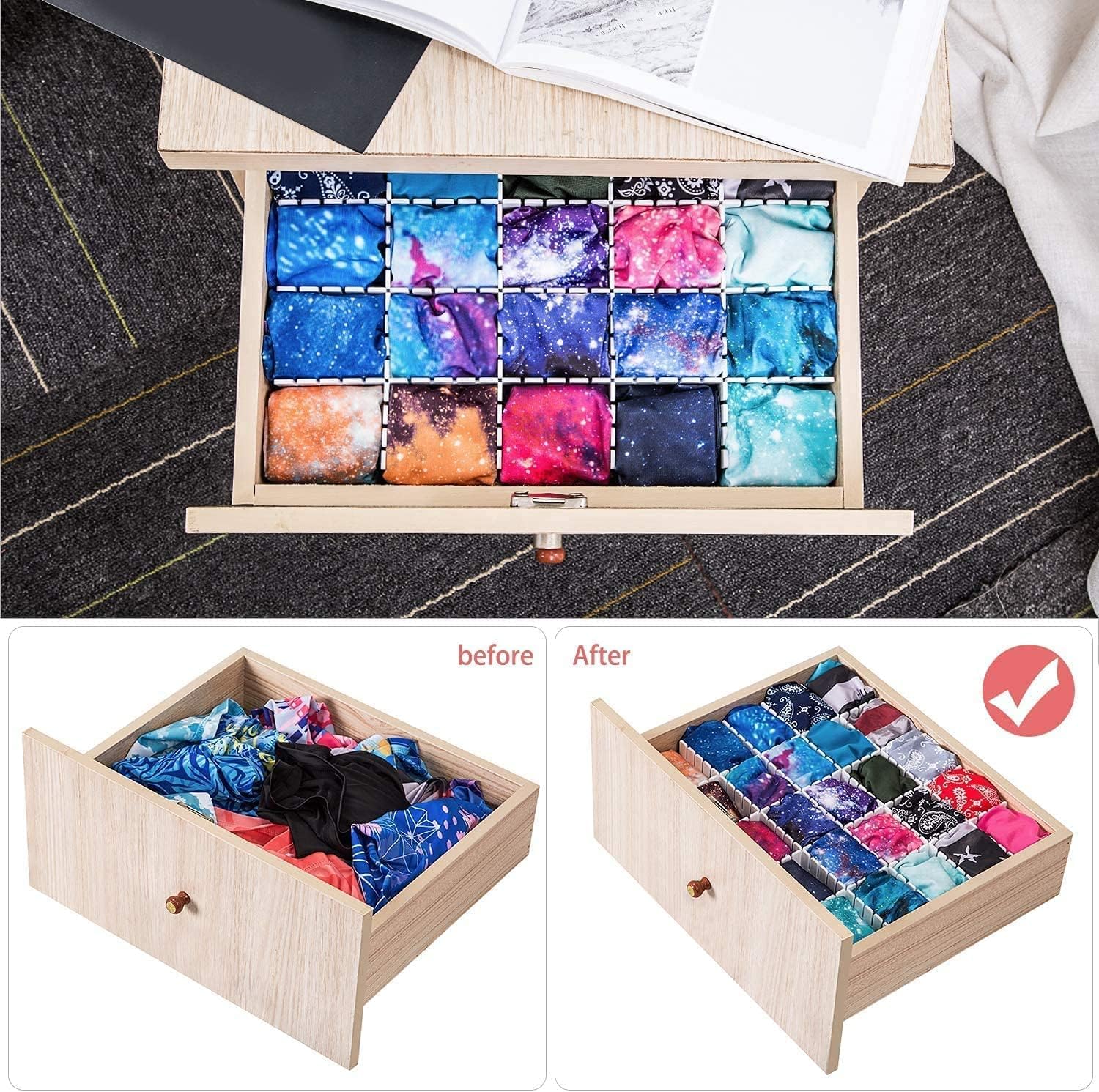 Flytianmy 18Pcs Drawer Dividers, Adjustable Drawer Organizer for Socks, Underwear, Makeup, Can Help Tidy Kitchen, Bedroom, Dresser Black