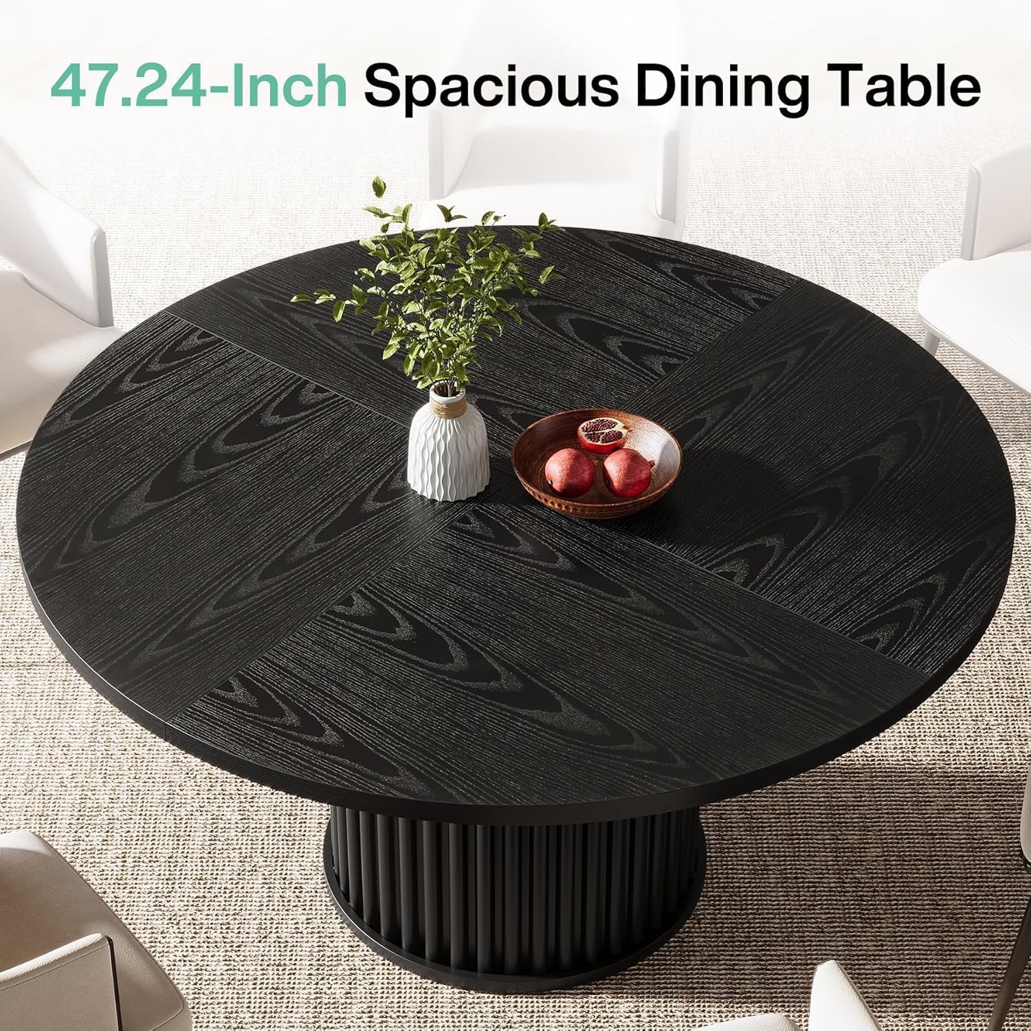 Tribesigns 47-Inch Black Round Dining Table for 4-6 People, Modern Circle Kitchen Table with Fluted Round Base