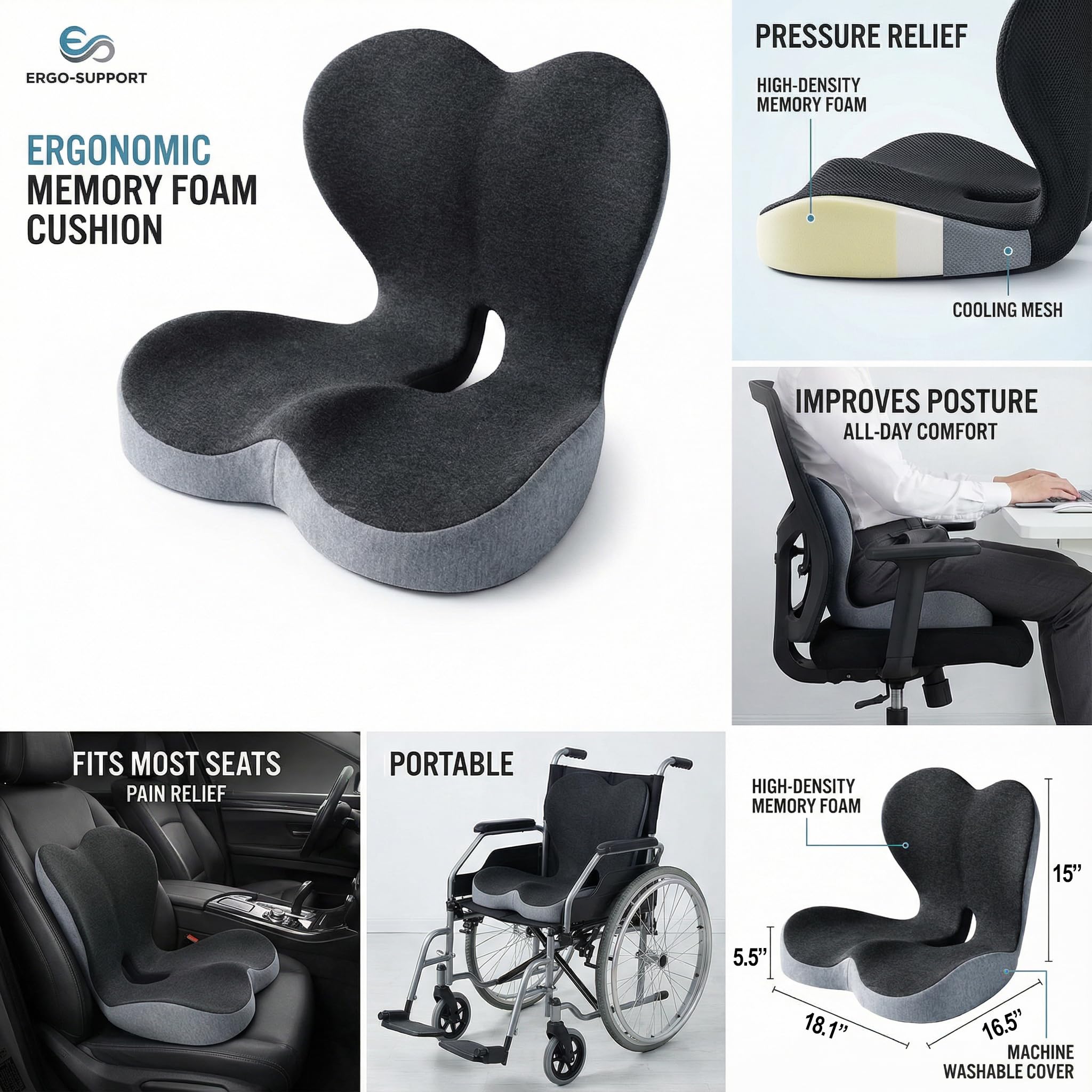 WHOCRAZY Memory Foam Seat Cushion for Office Chair & Car Seat, Ergonomic Coccyx Cushion for Tailbone & Sciatica Pain Relief