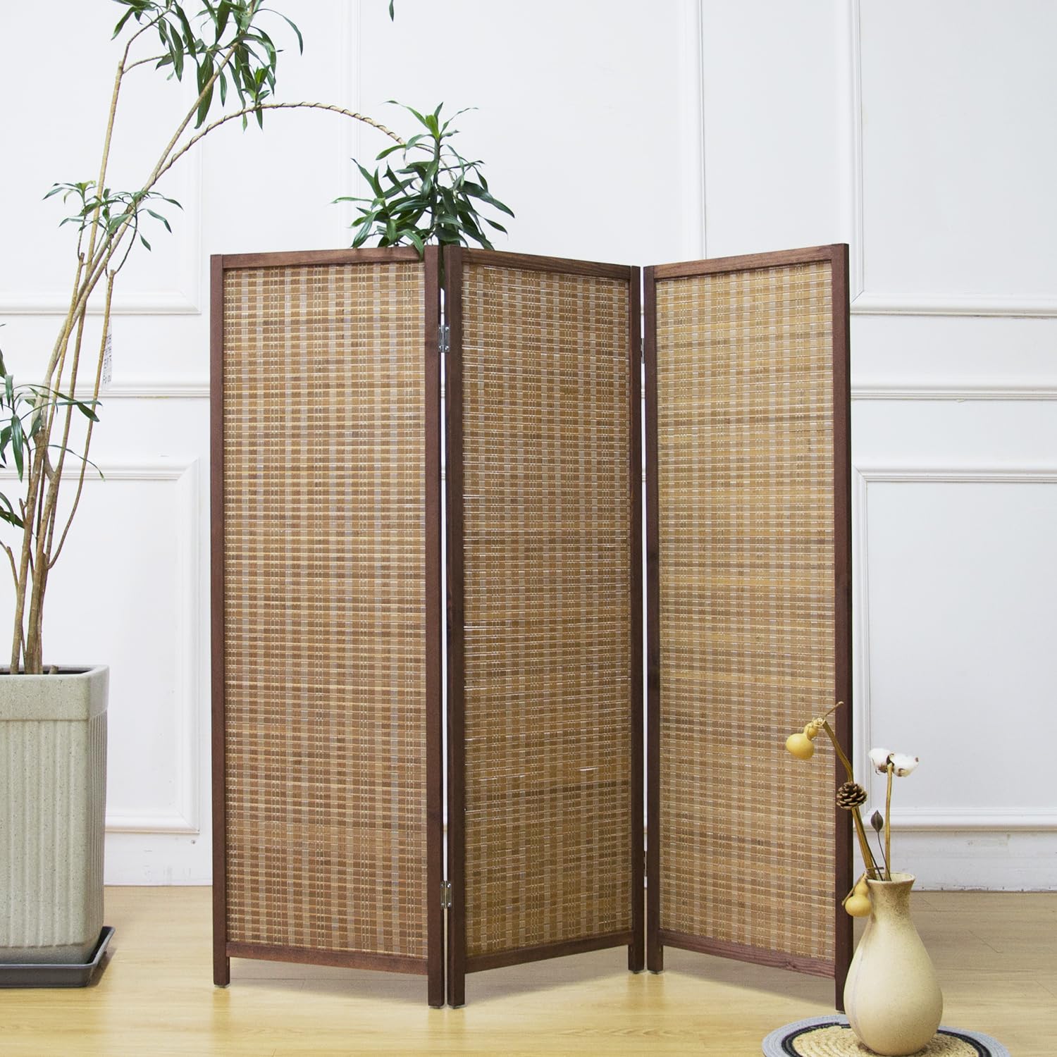 Furnnylane 3 Panel Bamboo Room Divider Short Folding Screen Divider,Double Sided Bamboo Divider Screen for Room Separation,Brown,120 cm H x 117 cm W