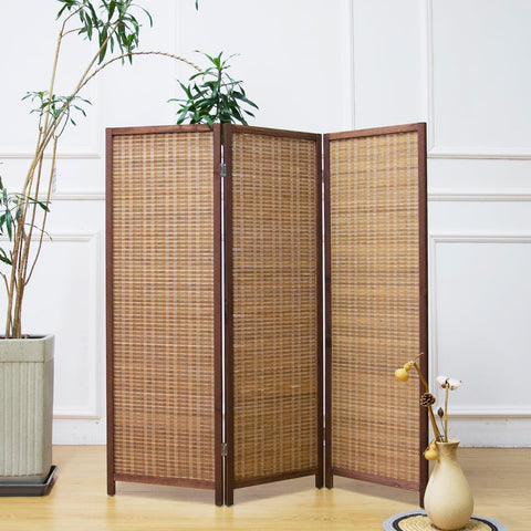 Furnnylane 3 Panel Bamboo Room Divider Short Folding Screen Divider,Double Sided Bamboo Divider Screen for Room Separation,Brown,120 cm H x 117 cm W