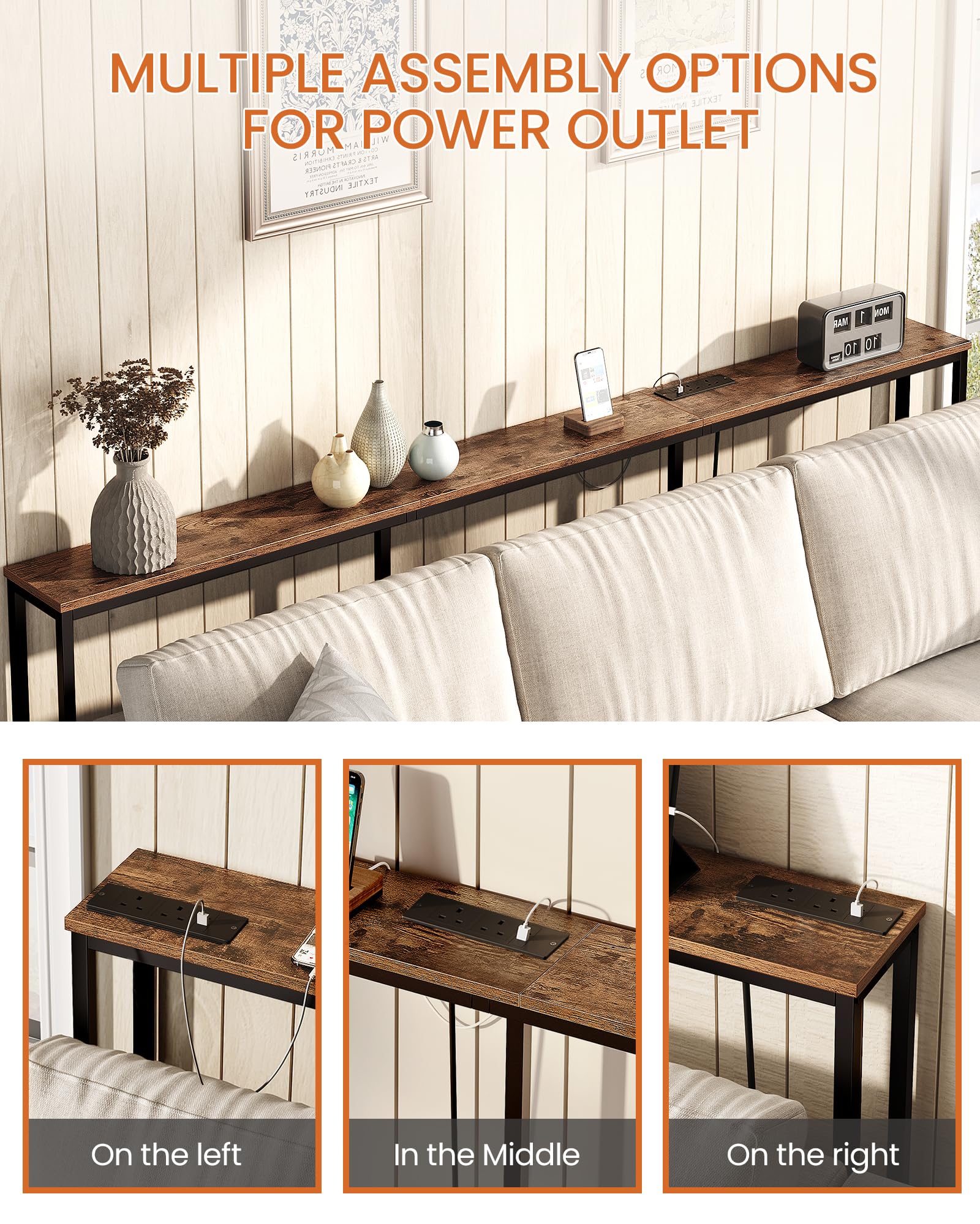 CHOEZON 200 cm Narrow Console Table with Power Outlet, 18 cm Skinny Sofa Table, Long Behind Couch Table with Charging Station, for Entryway, Hallway