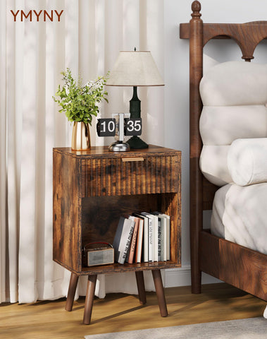 YMYNY Mid Century Modern Nightstand Set of 2, Side Table with Fluted Drawer, Open Shelf Unit, Golden Handle, Solid Wood Legs, Bedside Table