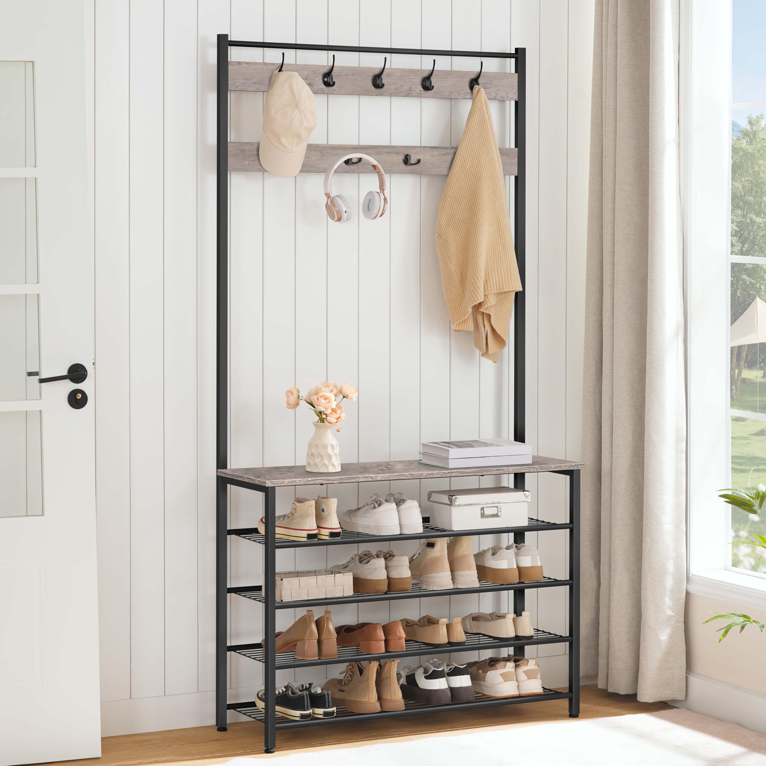 HOOBRO Coat Stand, Coat Rack with Shoe Storage, Free Standing Hall Tree with 9 Hooks, Shoe and Coat Rack for Hallway, Entryway, Metal Frame, Sturdy