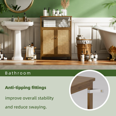 vovala Bathroom Floor Stand Cabinet, Bamboo Storage Organizer Table with 2 Rattan Doors and 1 Shelf, Wooden Side Cupboard for Hallway, Laundry