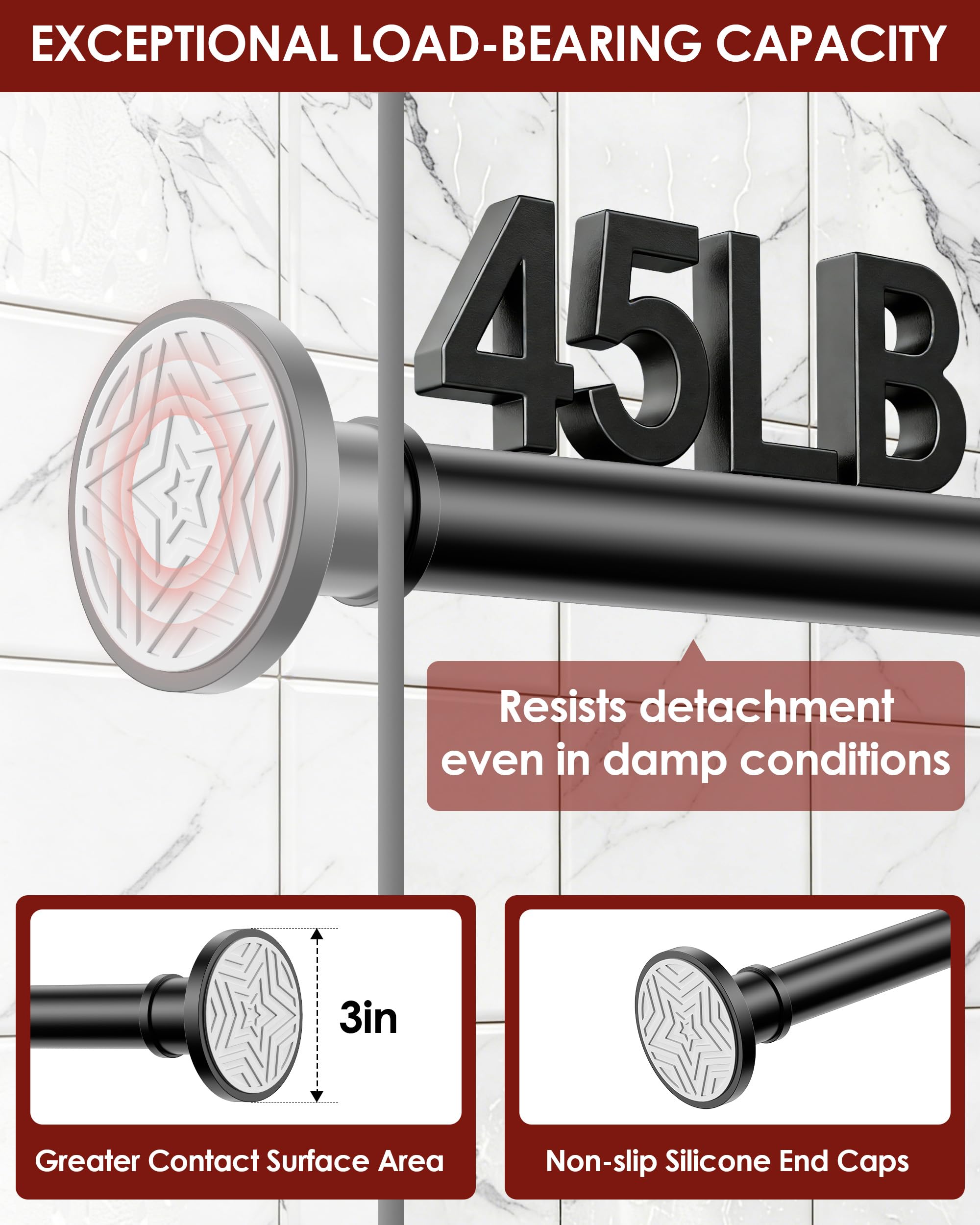 Shower Curtain Pole, Extendable No-Drill Tension Rod, Shower Pole & Curtain Set - Telescopic Shower Rail, 76-278cm, Rustproof Non-Slip
