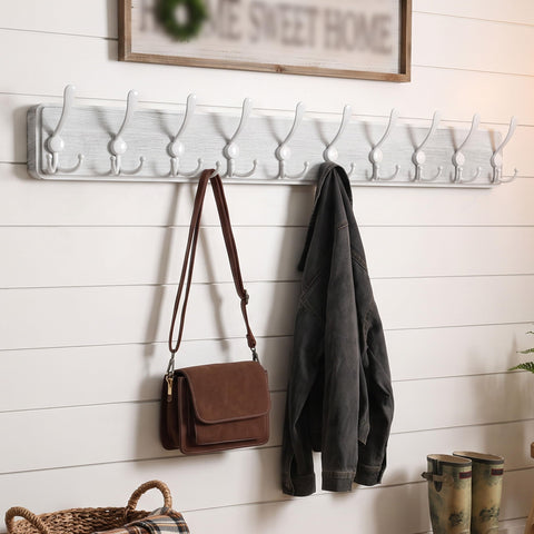 WEBI Coat Rack Wall Mounted,98cm Long,10 Triple Hooks,Wood Coat Hooks Wall Mount,Large Coat Hanger Wall,Hook Rack,Tri Hooks for Hanging