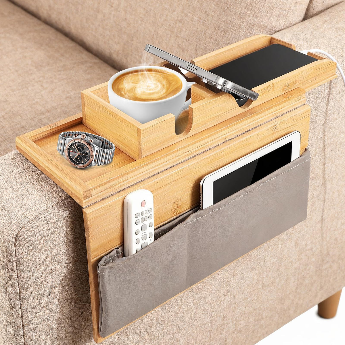 Bamboo Sofa Arm Tray, Foldable Couch Tray Wooden Armrest T-ray, Non-Slip Armrest Organizer, Sofa Side Table with Detachable T-ray
