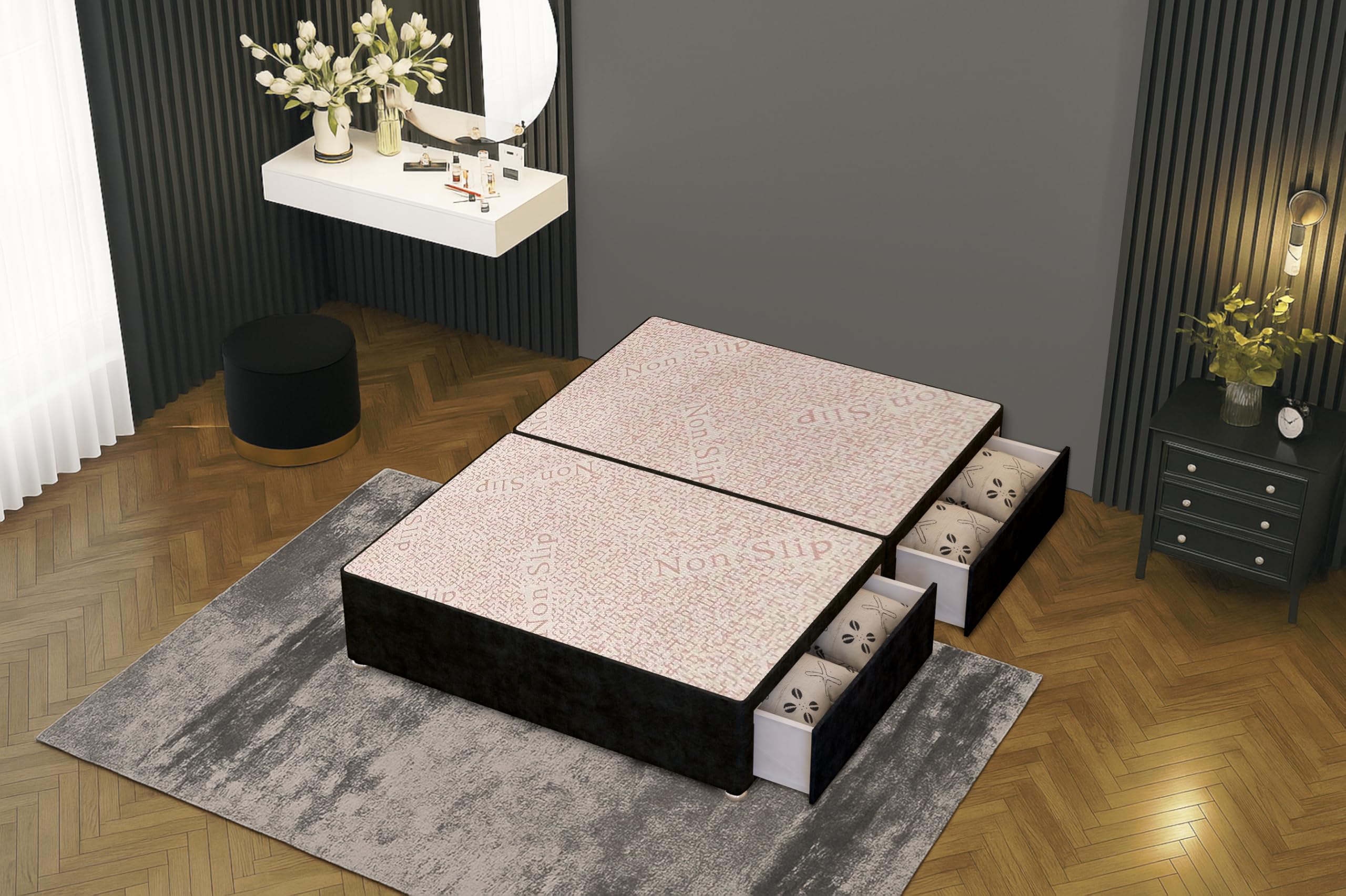 Bed Centre Flexby Divan Bed Base Only with 2 Drawers (Same Side), No Headboard - Available in 3FT, 4FT, 5FT & 6FT (3FT Single, Plush Black Fabric)