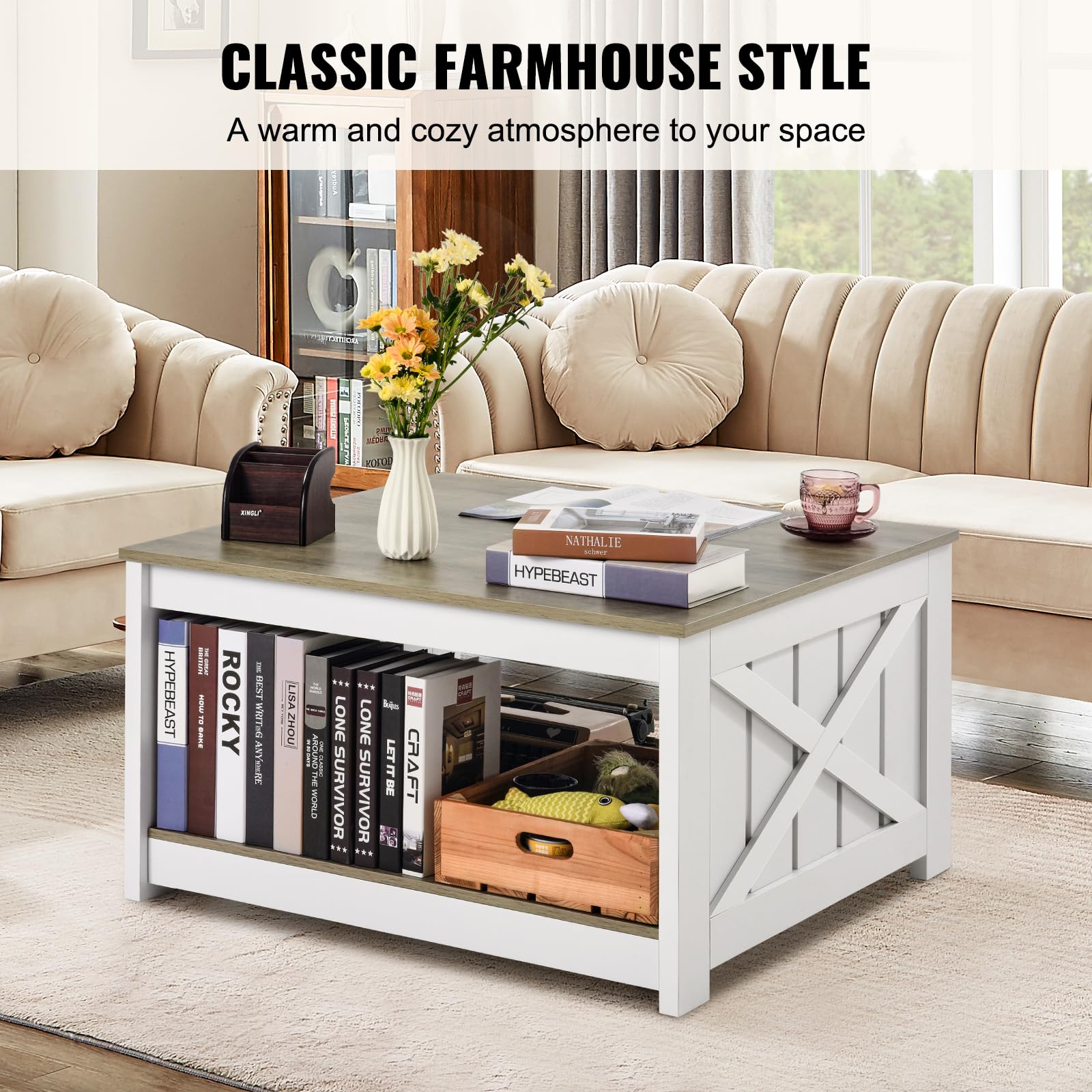 VEVOR 31.5" Farmhouse Coffee Table, Square Coffee Table with Open Storage Compartment, Wooden Rustic Cocktail for Living Room, Bedroom, Apartment