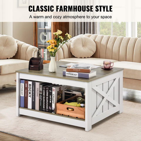 VEVOR 31.5" Farmhouse Coffee Table, Square Coffee Table with Open Storage Compartment, Wooden Rustic Cocktail for Living Room, Bedroom, Apartment