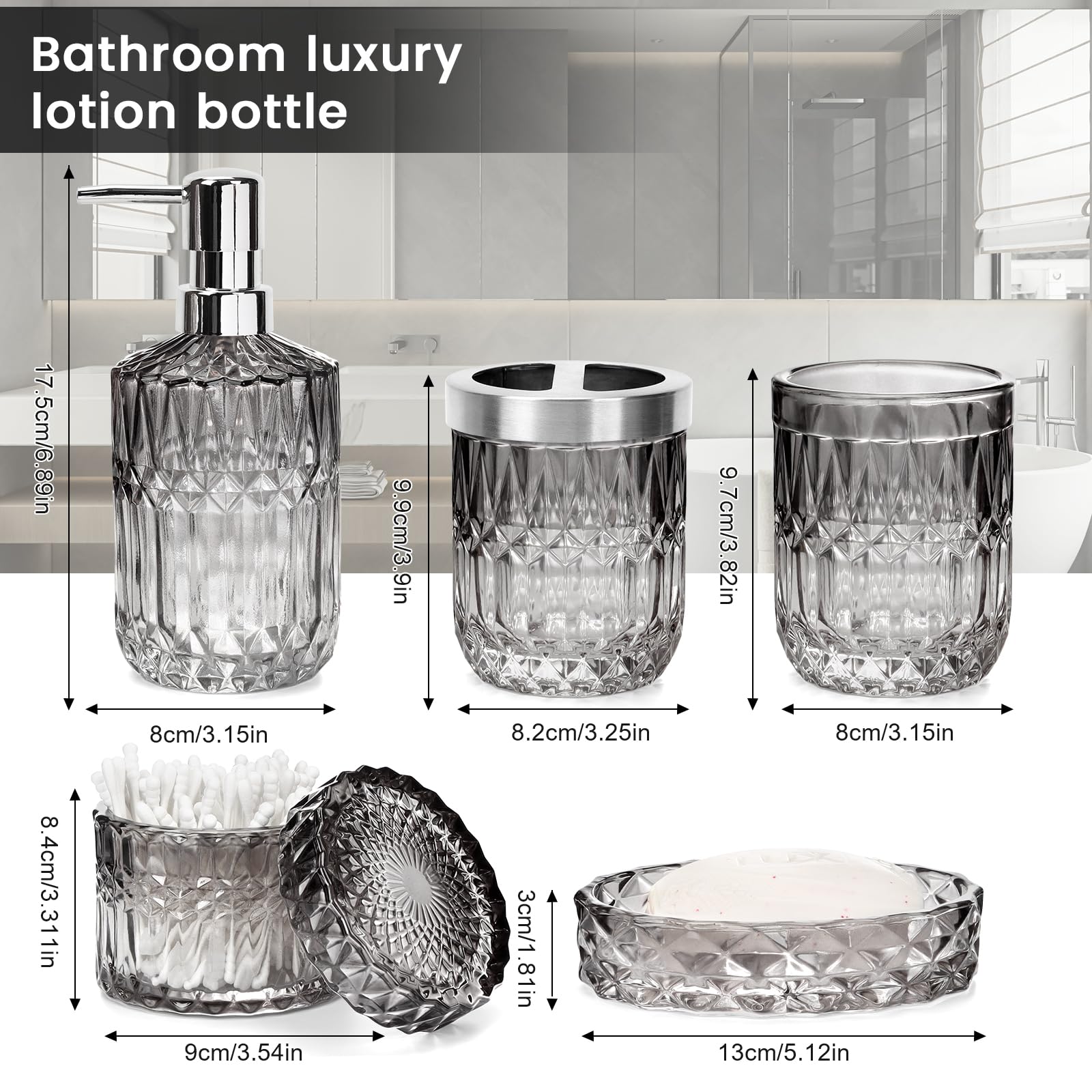 Glass Bathroom Accessories Set of 5, Gradient Smoke Gray Organizer Kit