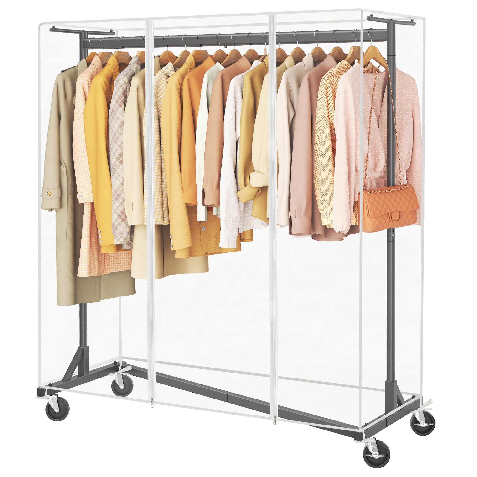 Hoctieon Z Clothes Rack with Cover, Metal Heavy Duty Clothing Rack, Rolling Garment Rack with Wheels, with Dustproof Cover Waterproof Protector