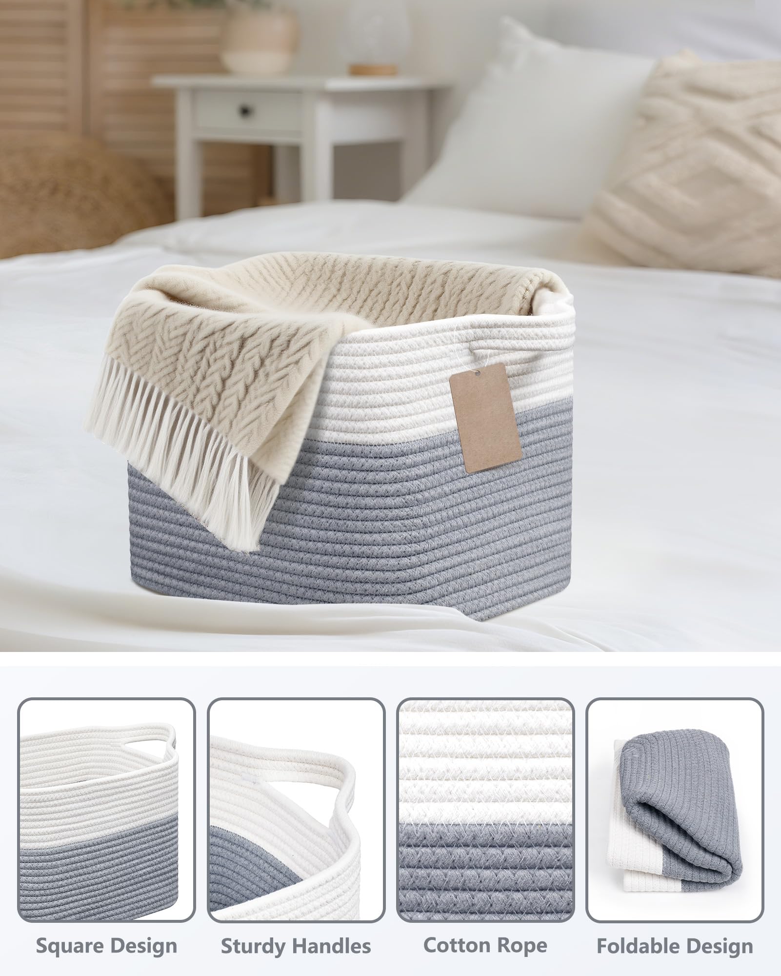 JOJOSEE Small Cotton Rope Woven Storage Basket for Shelves, White&Grey