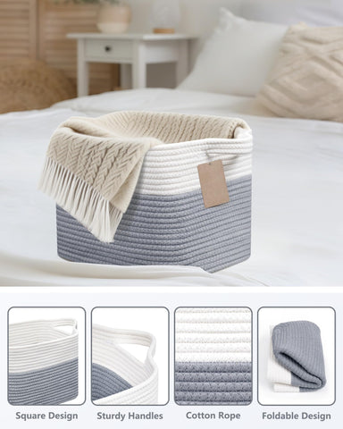 JOJOSEE Small Cotton Woven Storage Basket for Shelves, White&Grey,3PCS