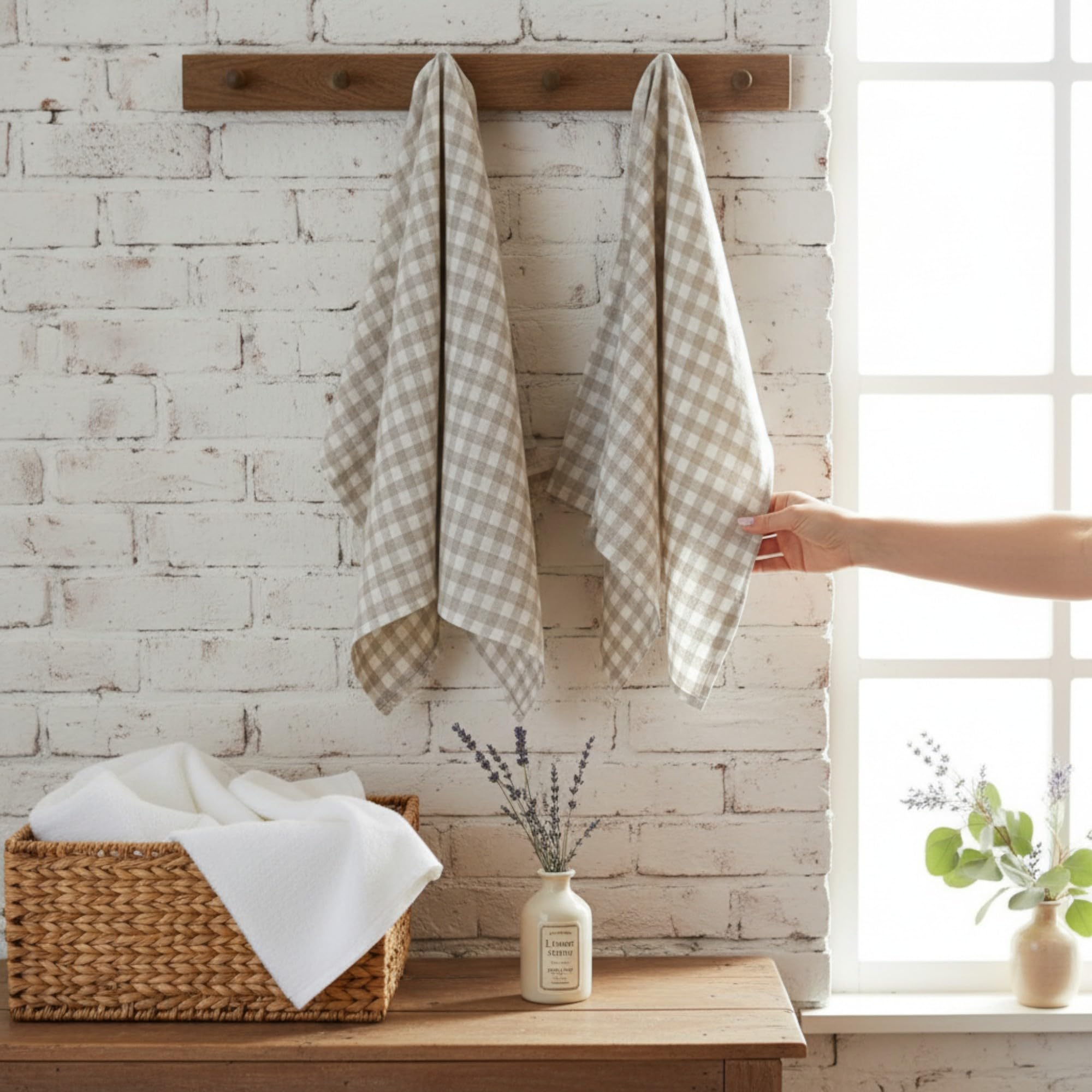 Eight Owls Stonewashed Linen Kitchen Dish Towels – 50 x 68 cm – 100% Pure Linen Tea Towel/Hand Towel - set of 2 (Natural Check)