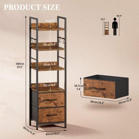 YITAHOME Industrial Bookshelf, 4-Tier Bookcase with Adjustable Shelves & 2 Fabric Drawers