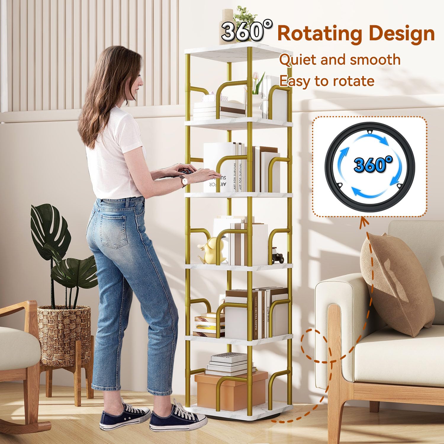 IBUYKE 6 Tier Rotating Bookshelf,Square Bookcases,White TBC005GW