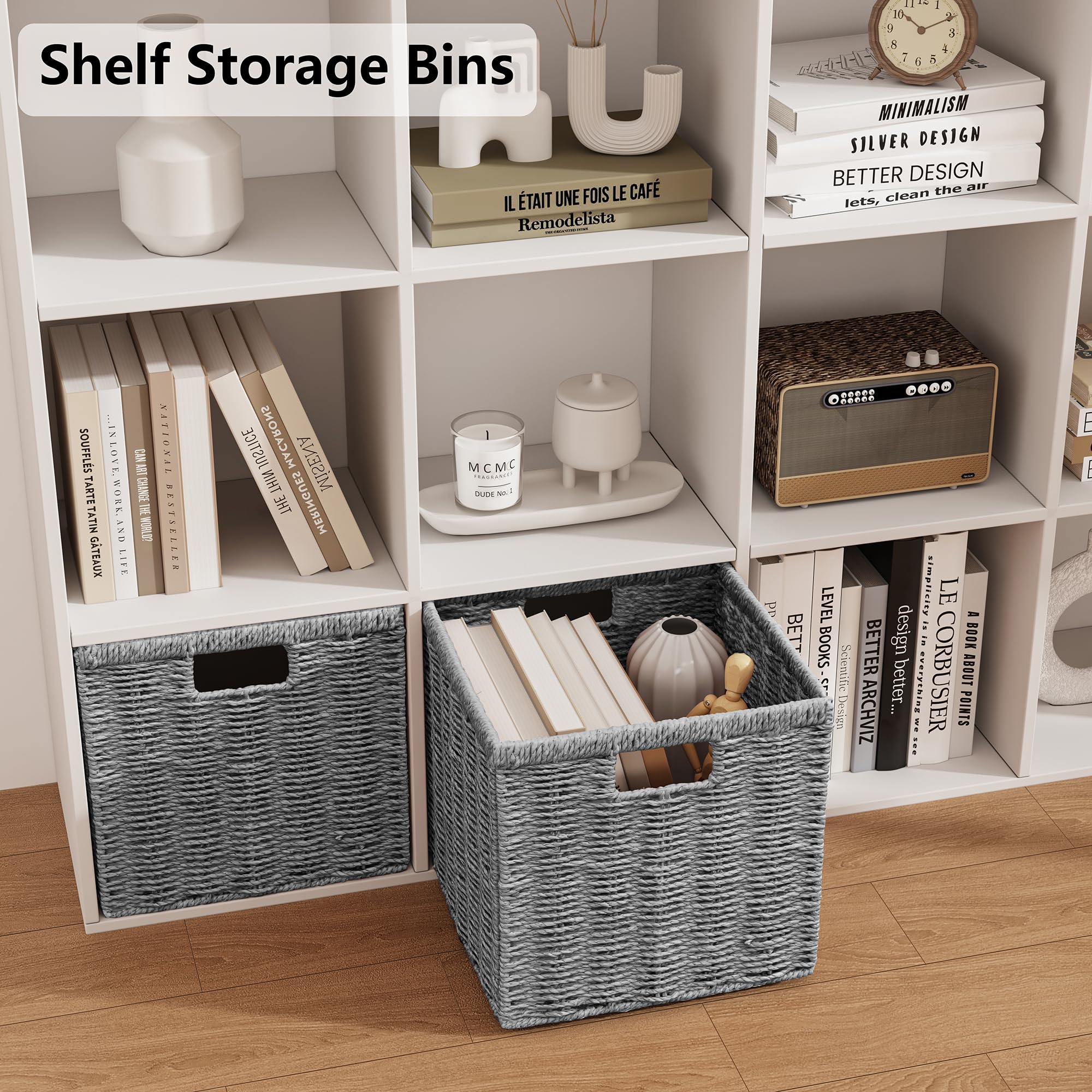 Vagusicc Wicker Storage Basket, Foldable Storage Cubes Organizer Bins, Handwoven Storage Baskets for Shelves Closet Wardrobe Bathroom