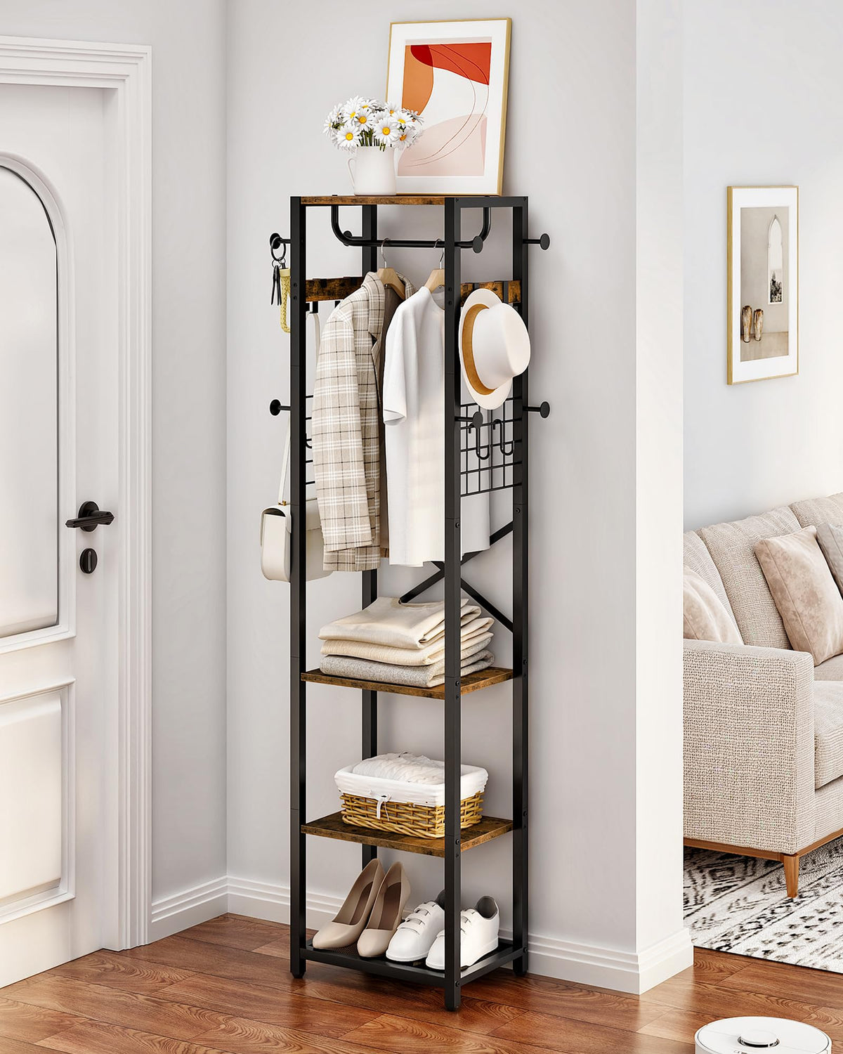 CHOEZON Coat Rack Freestanding, Hall Tree with 3 Storage Shelves, Coat Stand with 16 Hooks and Hanging Rail, Industrial Clothes Stand for Entryway