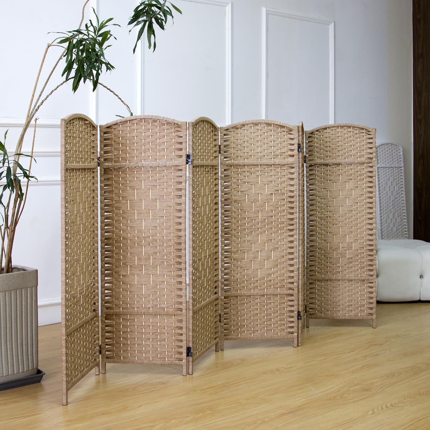 Furnnylane 6 Panel Light Brown Rattan Divider Short Room Partition Screen,Double Sided Short Folding Divider for Room Separation,120 cm Tall