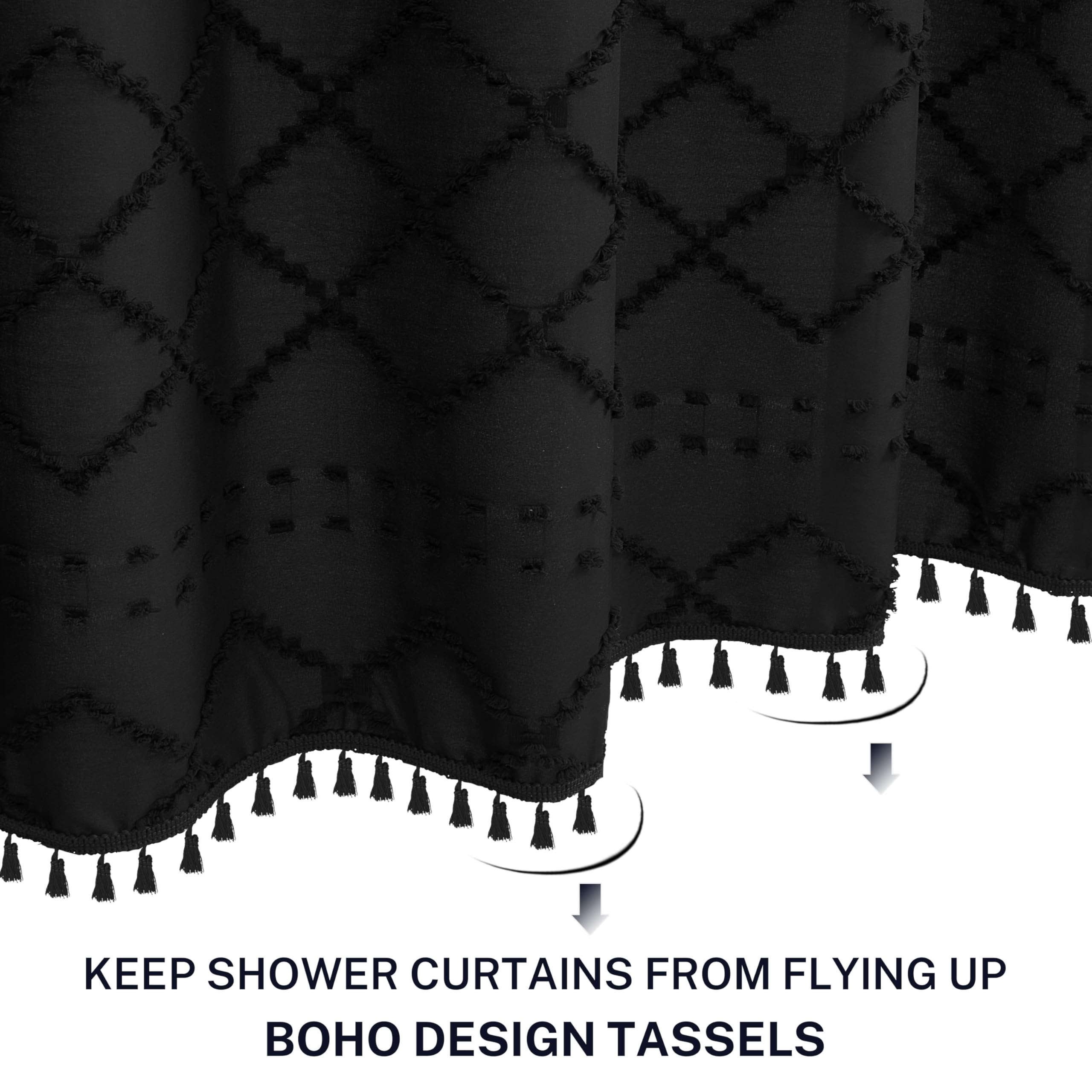 Extra Long Boho Black Woven Fabric Shower Curtain with Tassels 54 x 78 Modern Farmhouse Minimalist, Tufted Chevron Striped Shabby Chic Textured