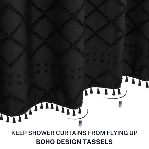 Extra Long Boho Black Woven Fabric Shower Curtain with Tassels 54 x 78 Modern Farmhouse Minimalist, Tufted Chevron Striped Shabby Chic Textured