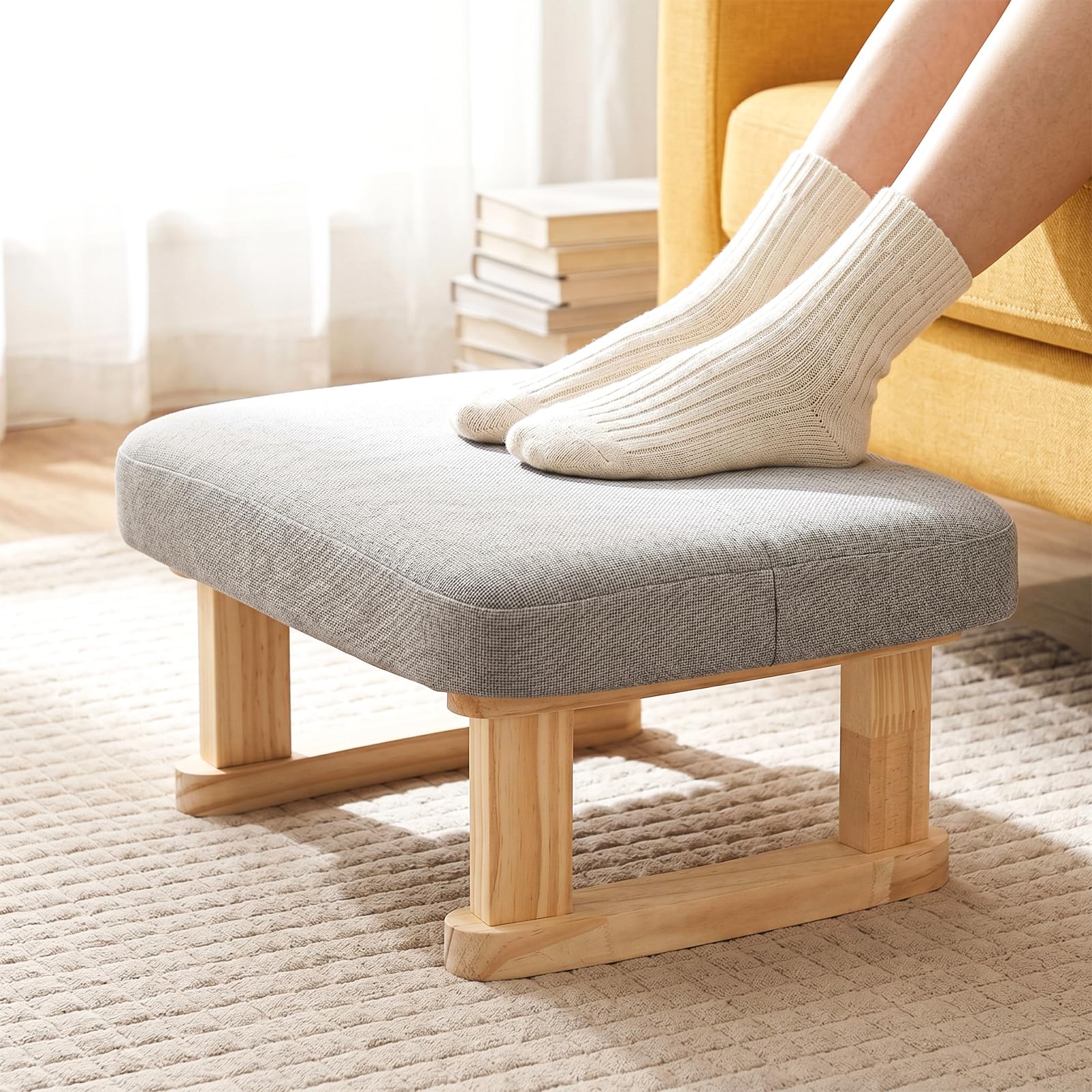 Foot Stool with 2 Linen Removable Cover, Solid Wooden, 18cm, Thickened