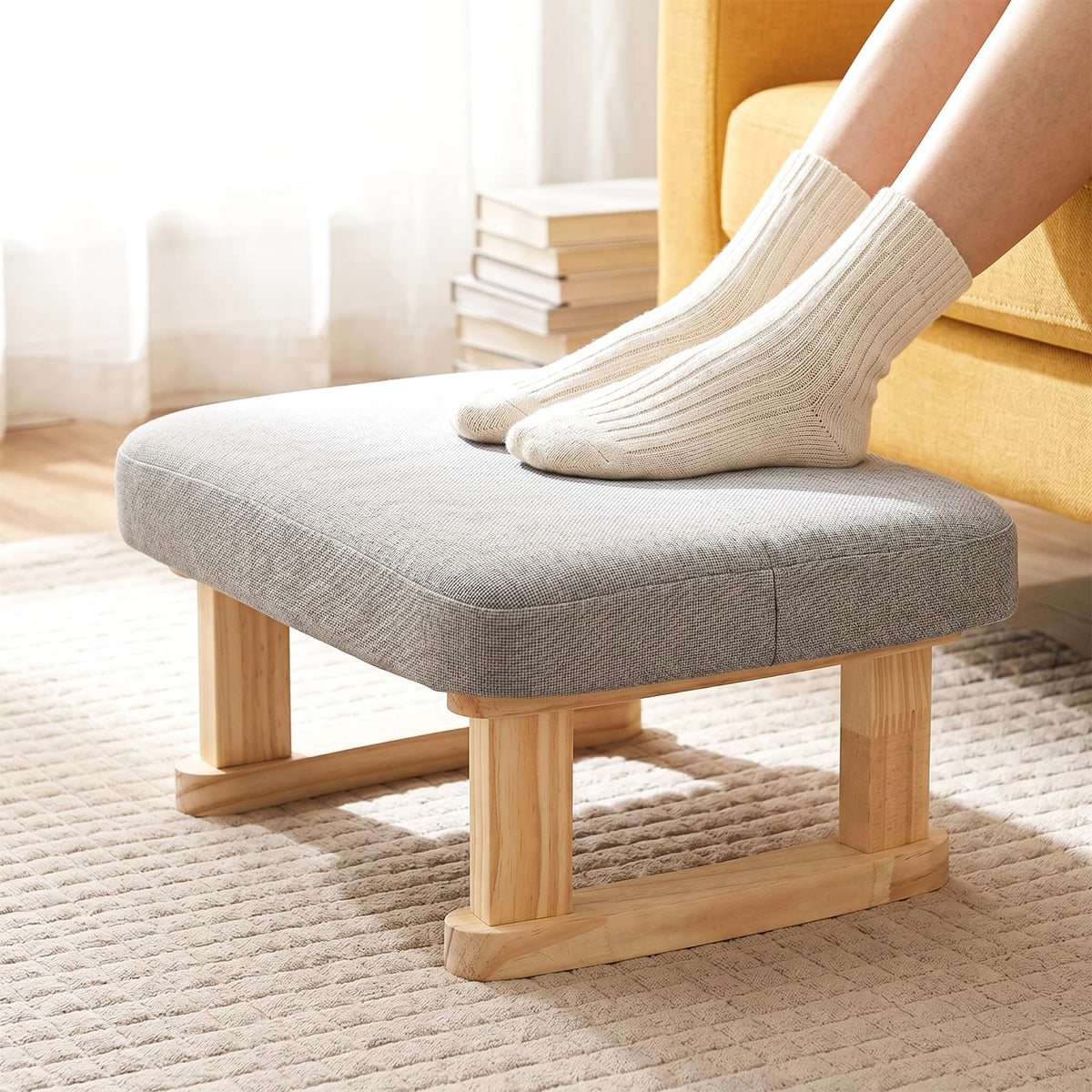 Foot Stool with 2 Linen Removable Cover, Solid Wooden, 18cm, Thickened