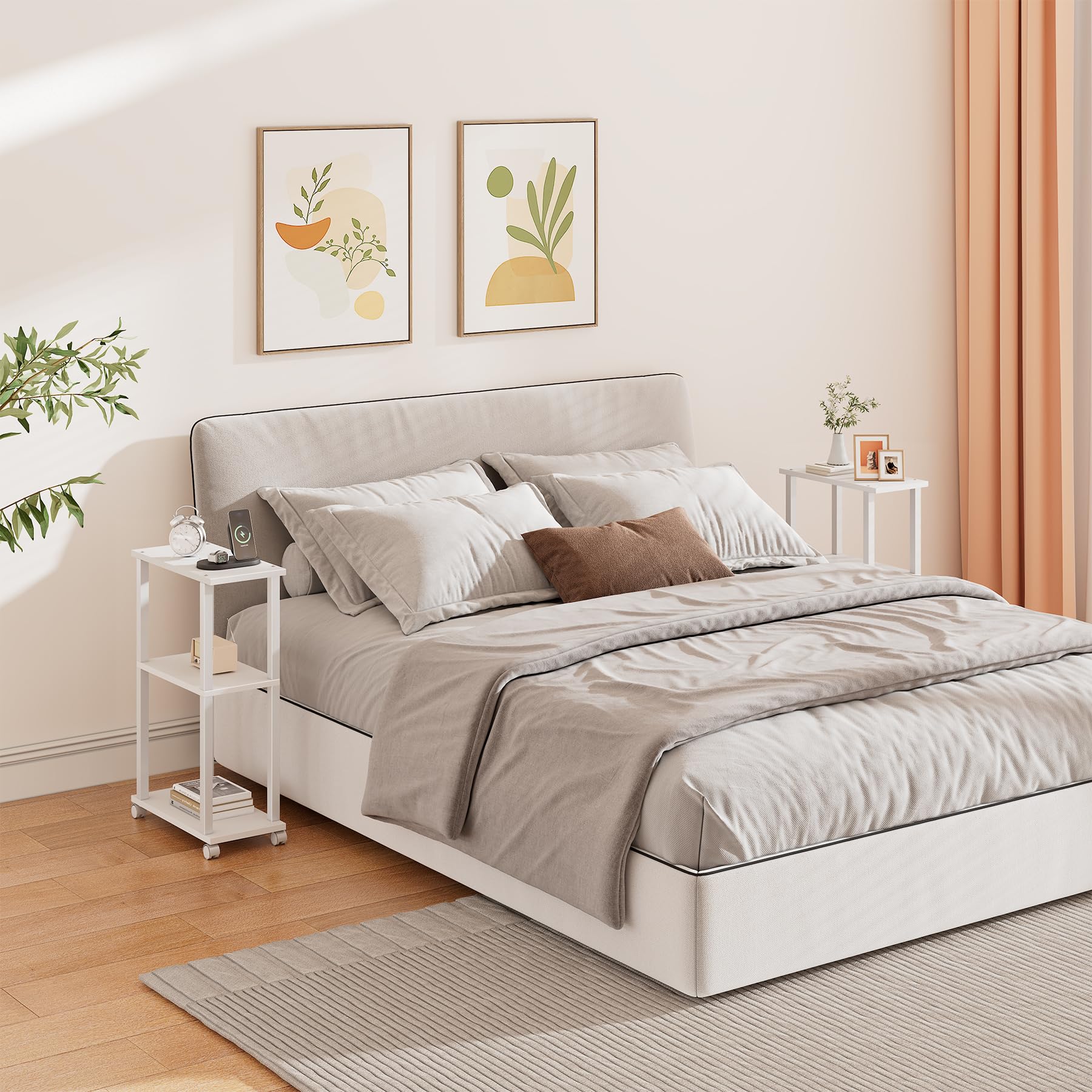 TUTOTAK Small Side Table, Narrow End Table, Bedside Table, Set of 2, Couch Sofa Table with Wheels for Living Room, Bedroom, White V1TB01BW0612EU