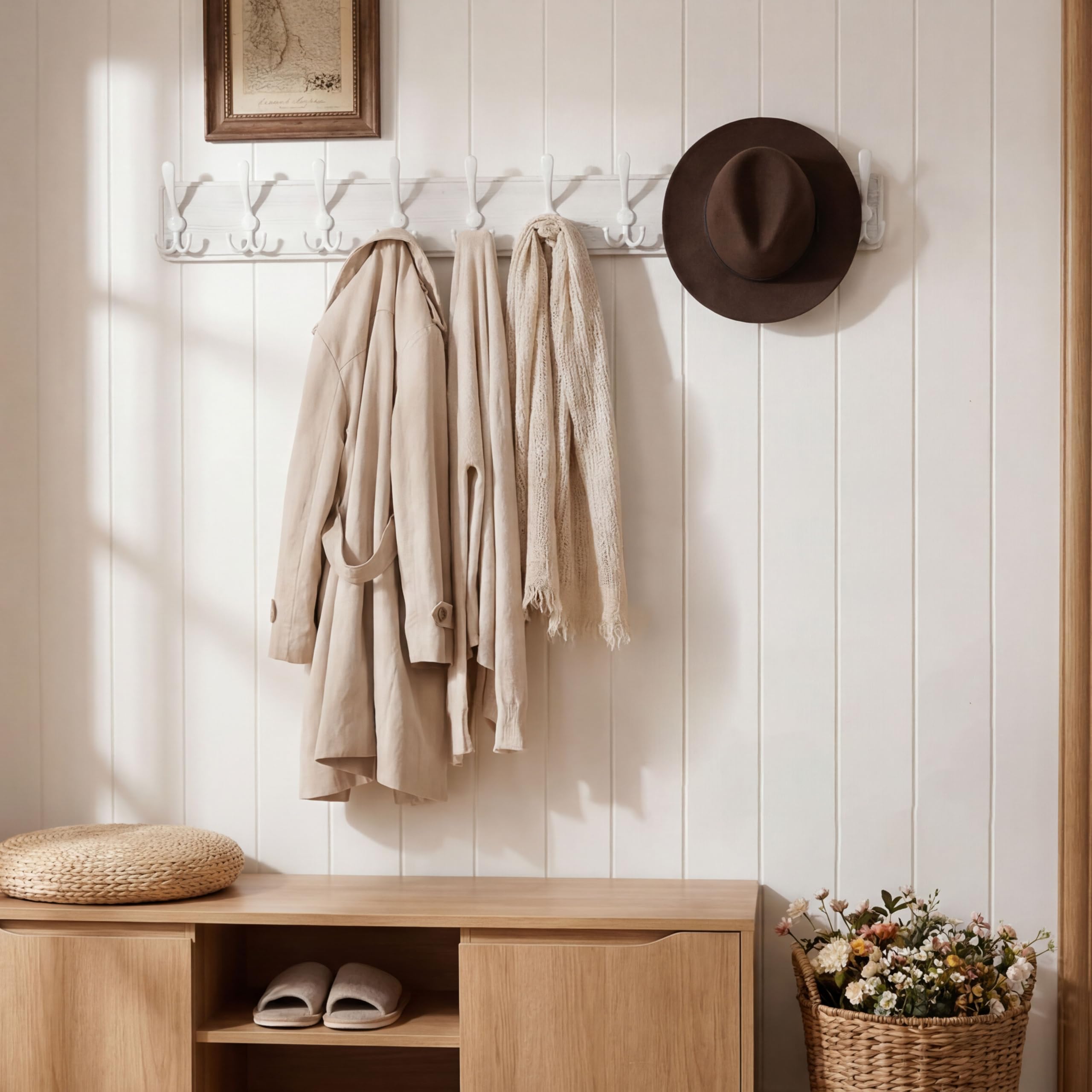 WEBI Coat Rack Wall Mounted,98cm Long,10 Triple Hooks,Wood Coat Hooks Wall Mount,Large Coat Hanger Wall,Hook Rack,Tri Hooks for Hanging