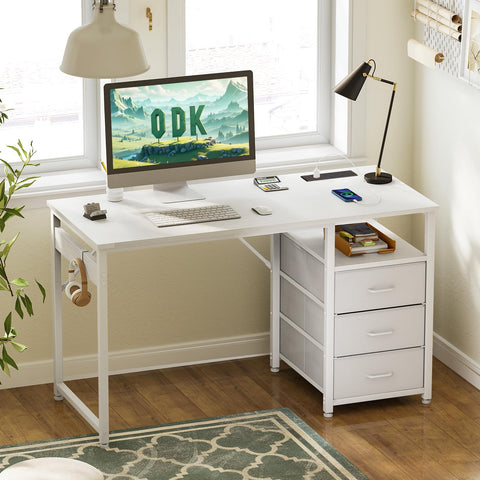 ODK Computer Desk with Drawers, 120cm Office Desk with Sockets, White