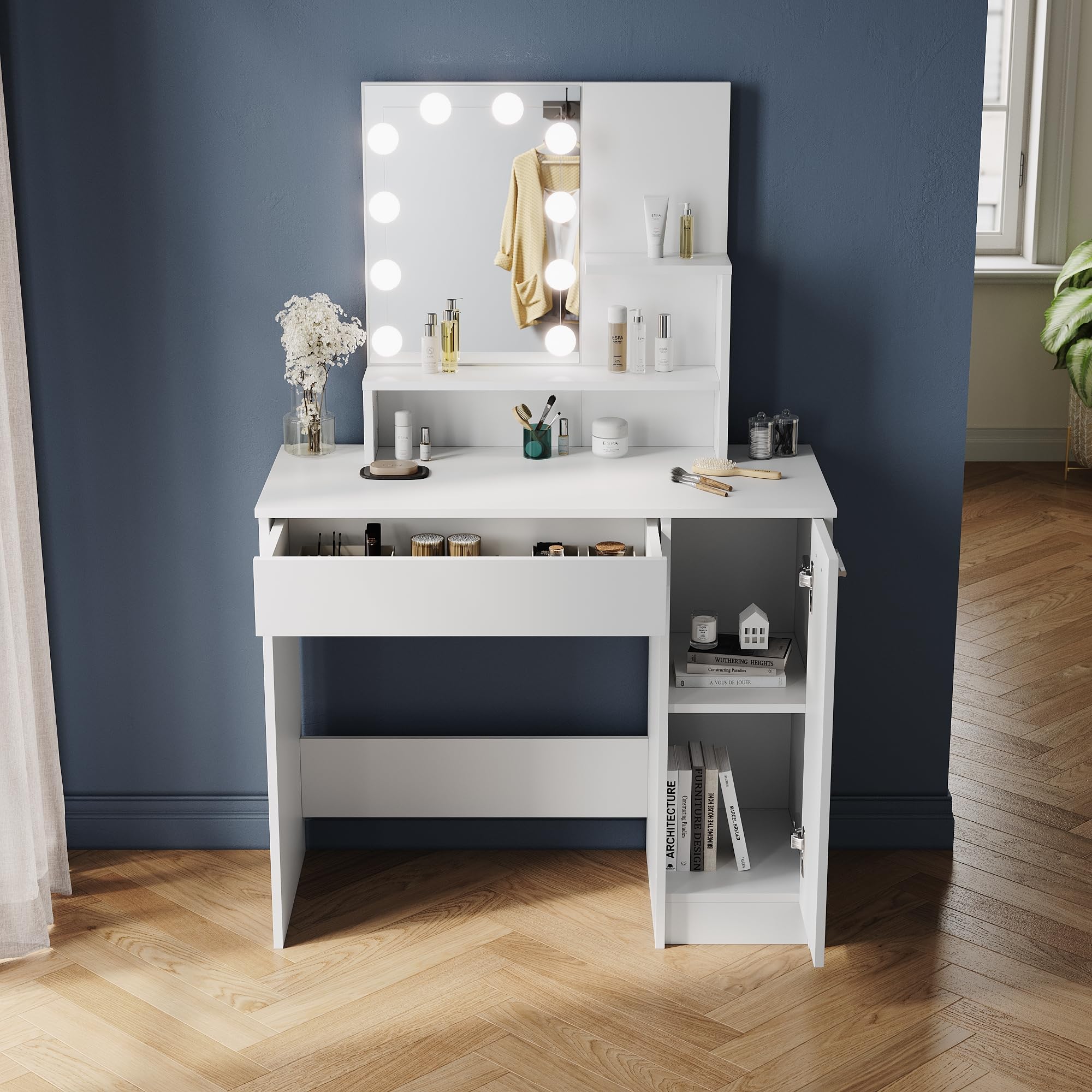ZANOFIRA Dressing Table with Mirror, 3 Colors LED Lights with Adjustable Brightness