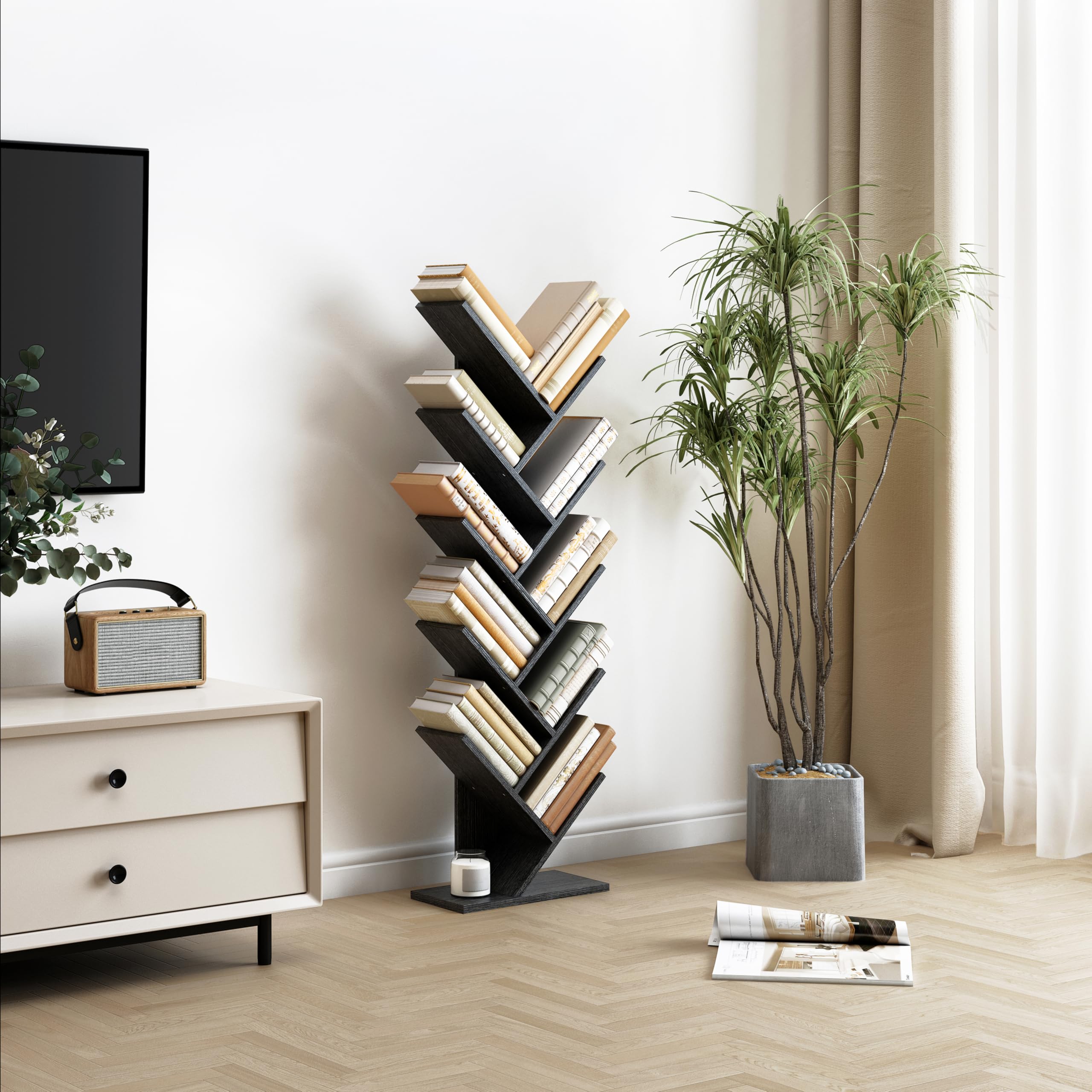 Hoctieon 10 Tier Tree Bookshelf, 10 Shelf Bookcase, Free Standing Tree Bookcase, Display Floor Standing Shelf for Books