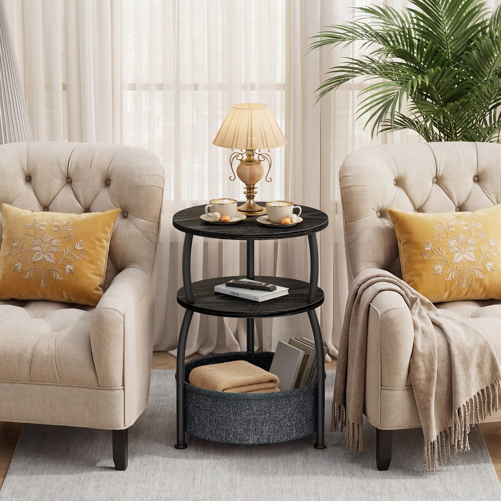Yuede Side Table with Fabric Basket, Round End Table, 3 Tier Bedside Table, Coffee Table for Living Room, Bed Room, Modern, 40 x 61 cm, Black