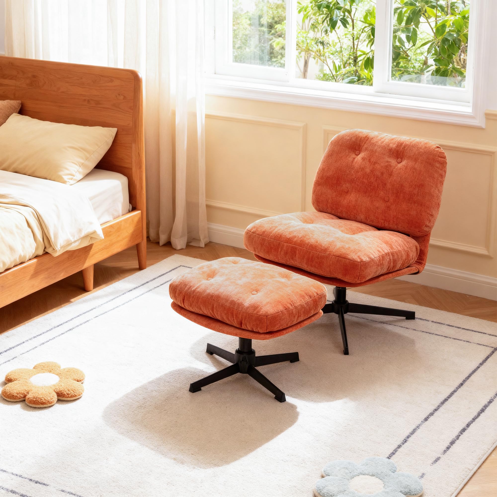BonVache Foldable Armchair with Footstool, Chenille Accent Chair with Ottoman for Living Room, Fluffy Occasional Lounge Chair for Bedroom and Office