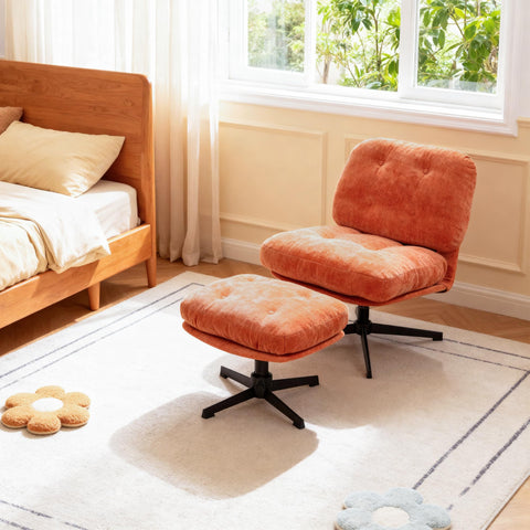 BonVache Foldable Armchair with Footstool, Chenille Accent Chair with Ottoman for Living Room, Fluffy Occasional Lounge Chair for Bedroom and Office