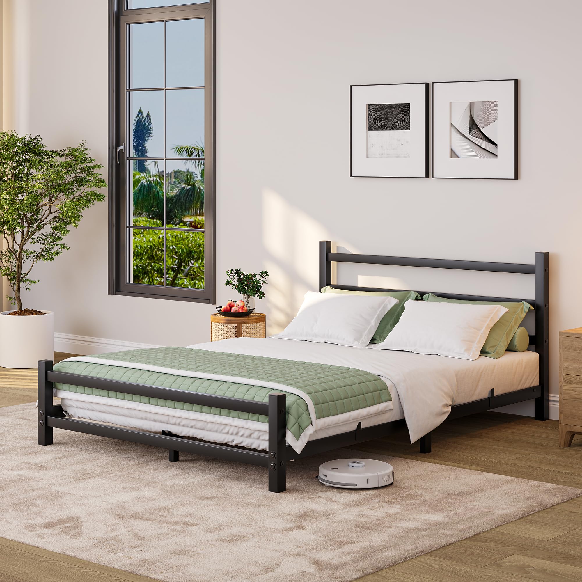 HOMERECOMMEND Double Bed Frame With Headboard,4ft6 Floor Bed Frame,Black