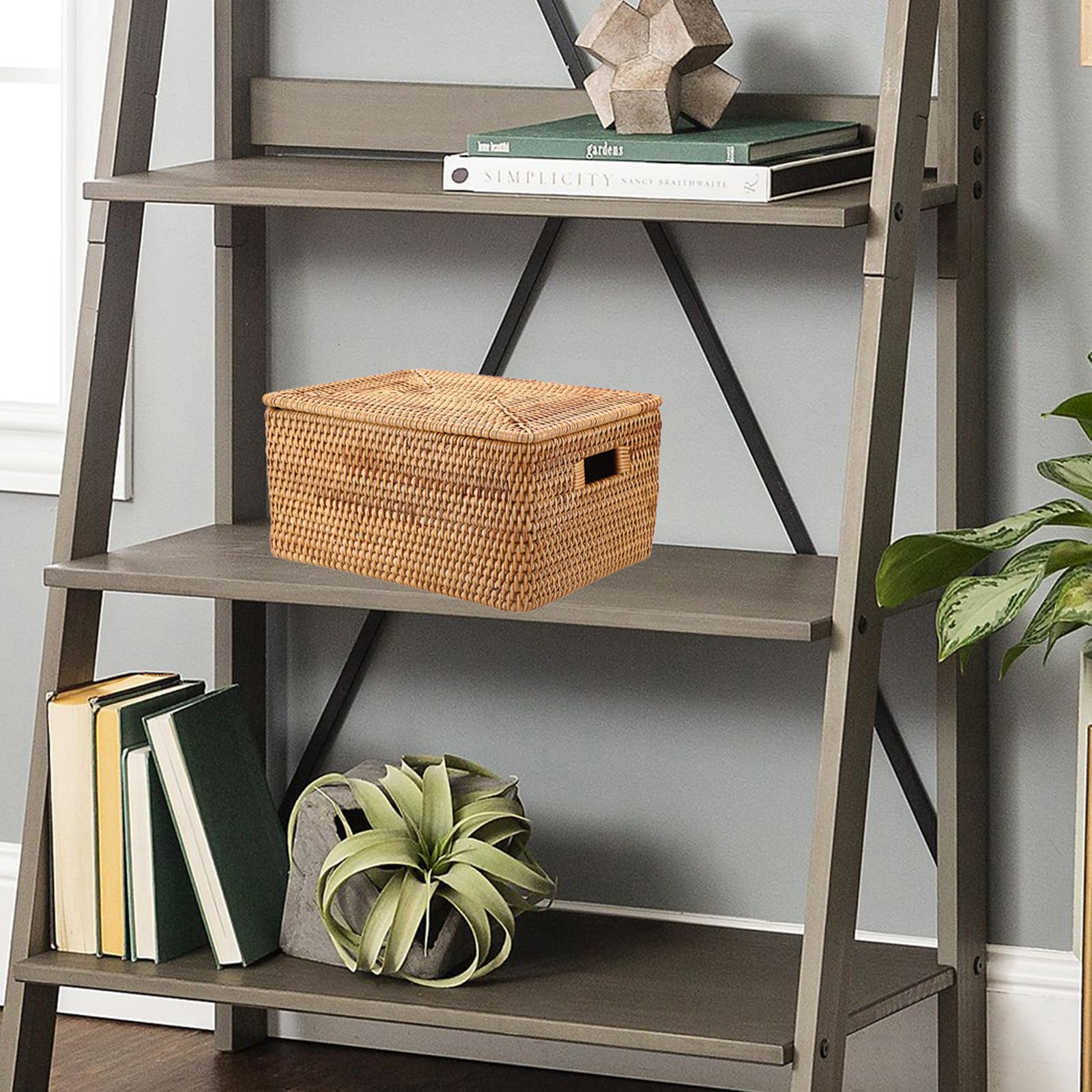 IGNPION Rattan Storage Basket With Lid, Wicker Decorative Storage Basket for Shelves Bathroom Woven Storage Box