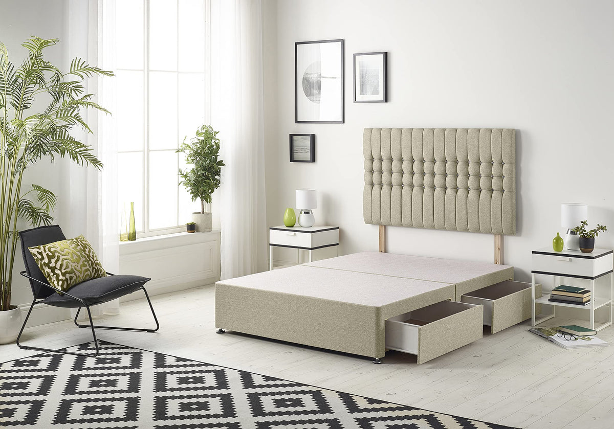 Bed Centre Galaxy Divan Base with 2 Drawers (Same Side) and Matching Headboard, Fabrics and Colours (3FT Single, Linen Wheat)