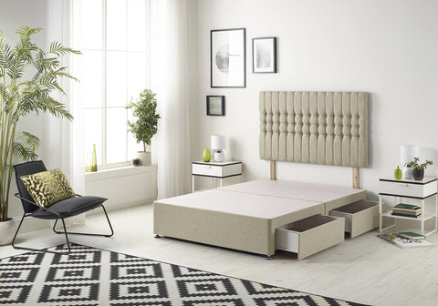 Bed Centre Galaxy Divan Base with 2 Drawers (Same Side) and Matching Headboard, Fabrics and Colours (3FT Single, Linen Wheat)