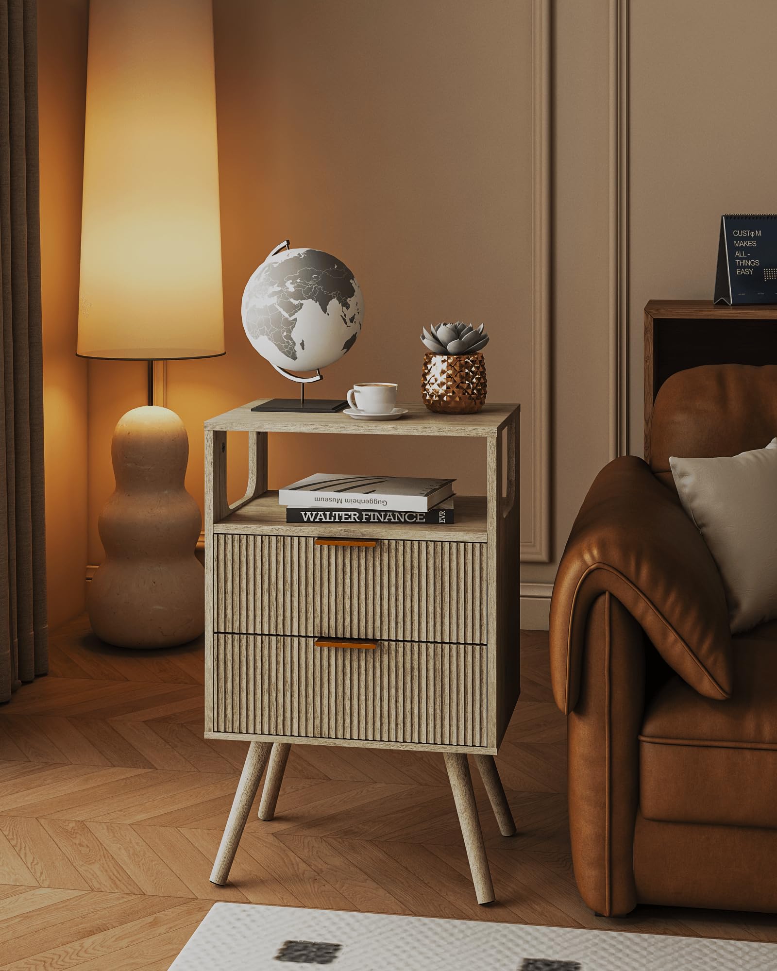 JERX Wooden Bedside Table, Nightstand with 2 Storage Drawer and Open Shelf Modern Bedside Cabinet for Bedroom,Grey Oak
