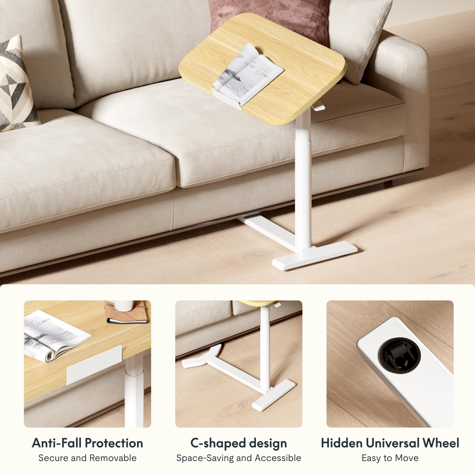 FLEXISPOT Overbed Table with Wheels, Adjustable Height Bedside Table, Rolling Laptop Desk for Bed Sofa, Small Standing Desk 75 x 40 cm