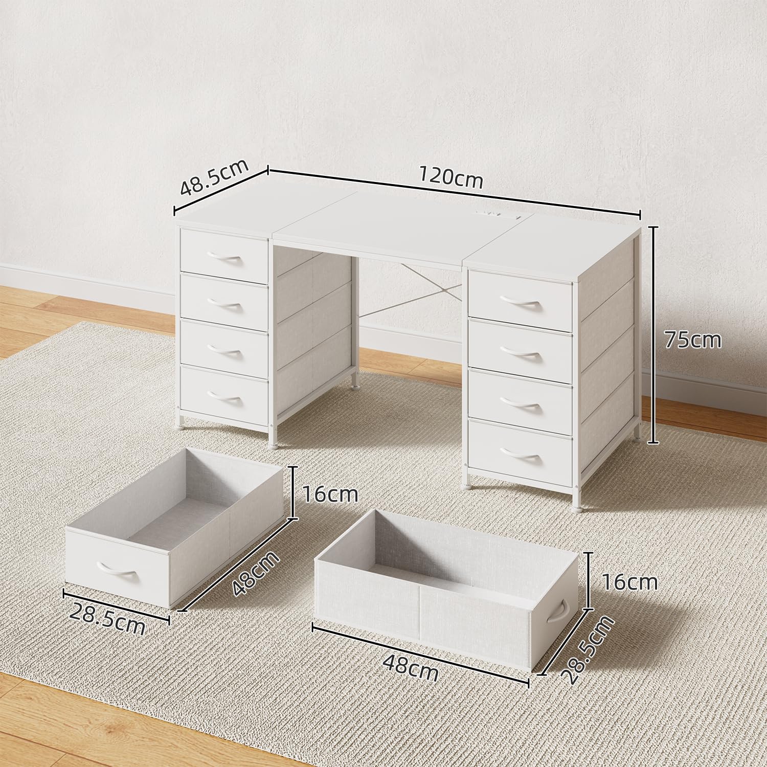 MUTUN 120cm Computer Desk with 8 Drawers, Home Office Desk with Power Outlets, Modern Table with Large Storage for Writing, Study, White
