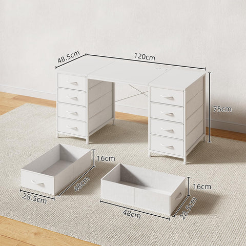 MUTUN 120cm Computer Desk with 8 Drawers, Home Office Desk with Power Outlets, Modern Table with Large Storage for Writing, Study, White
