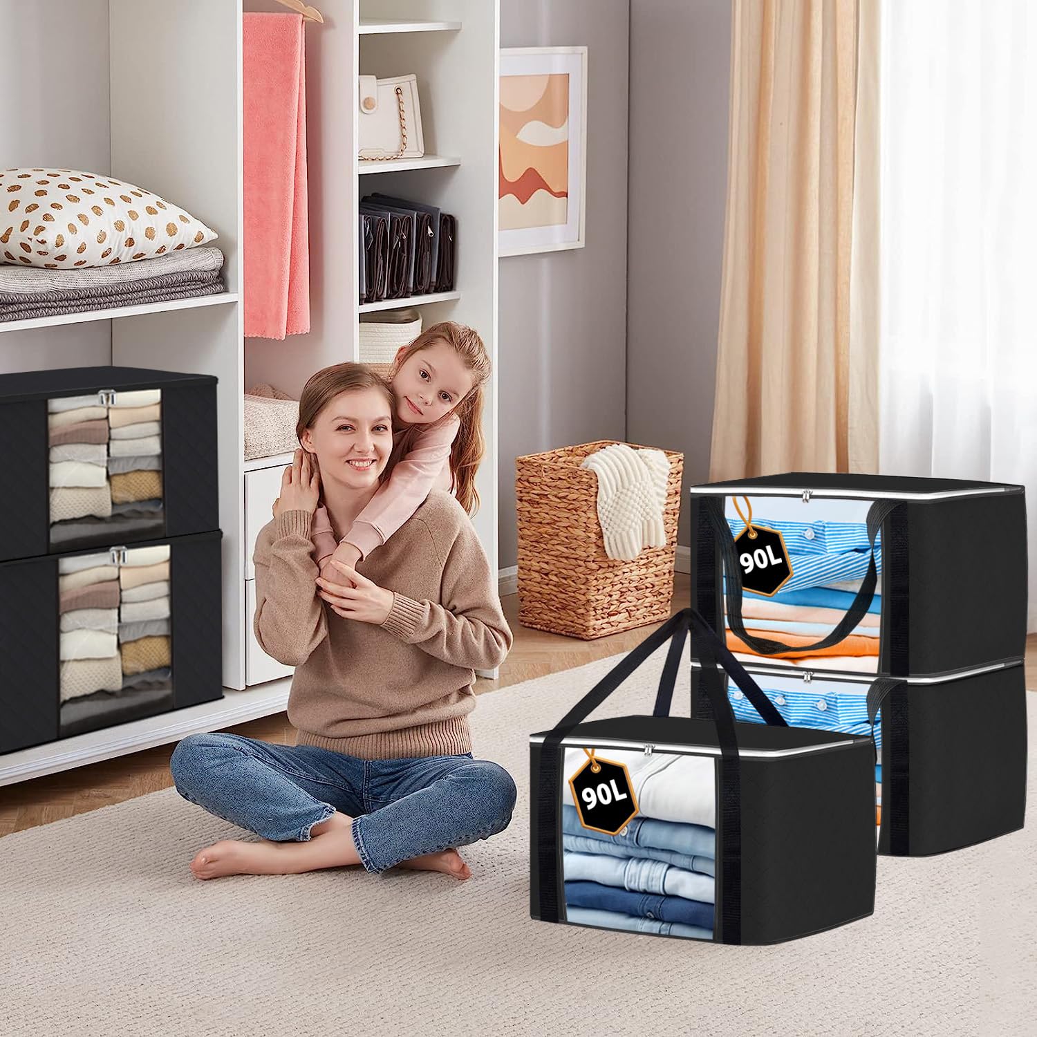 Joybees Clothes Storage Bags with Lids, 3-Pack, 90L Large Foldable Boxes with Zipper & Clear Window, Thick Scratch-Resistant Material