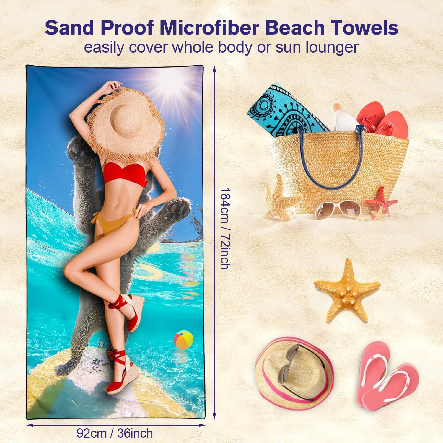 Violetpos Day Surfing Grey Cat with Sunglasses Beach Towel, Extra Large 180x90 cm 250GSM Microfibre, Sand Free Quick Dry