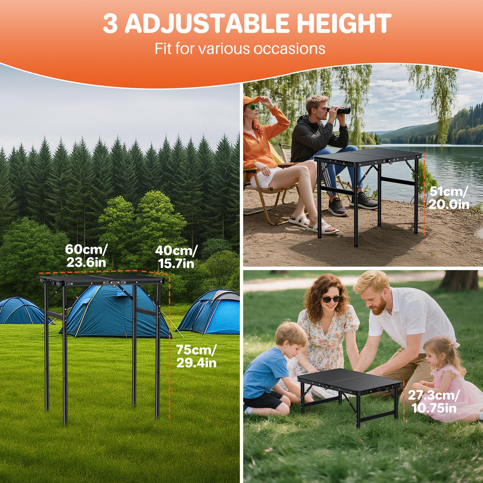 FUNYKICH Small Folding Table 2ft (60x40 cm), Max 75cm Tall Camping Tables 3 Height Adjustable